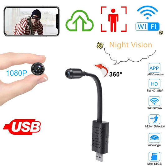 Mini Camera WiFi Camera Wireless USB Plug Small Security Camera 1080P HD Motion Detection Monitor for Home Office Indoor