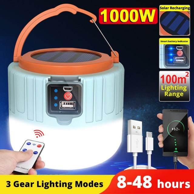 Portable Lanterns Solar LED Camping Light USB Rechargeable Bulb for Outdoor 1000W Tent Lamp Emergency Lights for BBQ Hiking