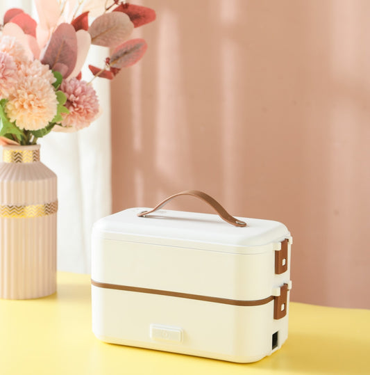 XIUWOO Electric Heating Lunch Box, Self Cooking Mini Rice Cooker, 2 Layers Steamer Lunch Box for Home Office School Travel Cook